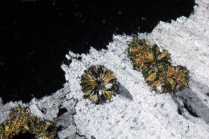 Radialstrahlige Chlorit-Aggregate in Gabbro